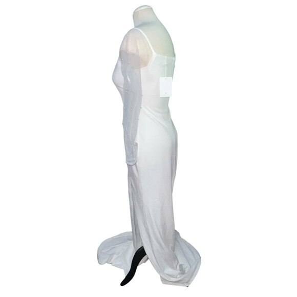 Lulus Eternally Beloved White Mesh Off-the-Shoulder Pearl Maxi Wedding Dress Sz - Picture 11 of 16